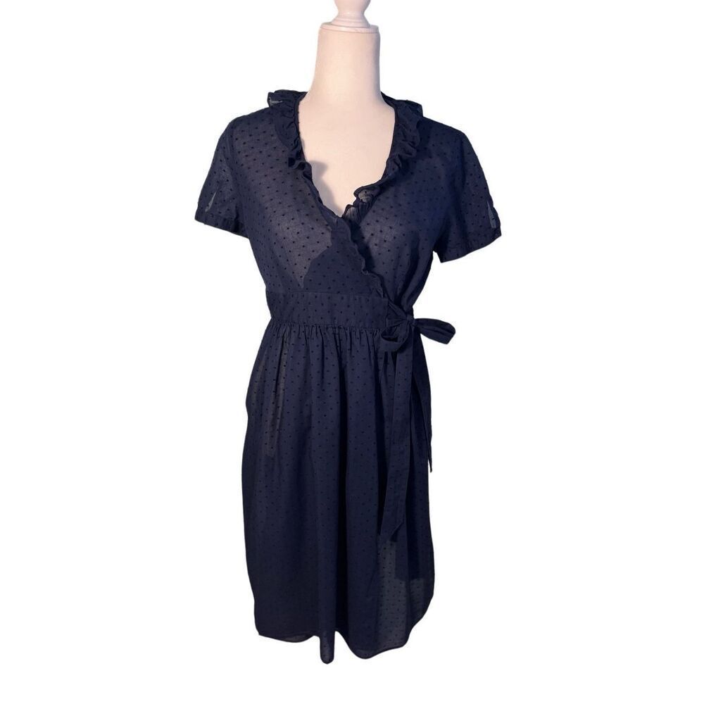 J. Crew cotton navy wrap dress with ruffled neck and short sleeves - 4